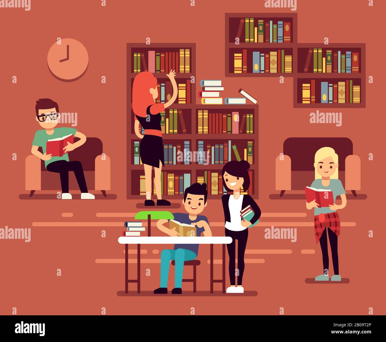 Bibliotheksinnern der Bibliothek mit Vektorgrafiken für Schüler. Hochschulbibliothek, Universitätsbuchhandlung oder Bibliothek Stock Vektor