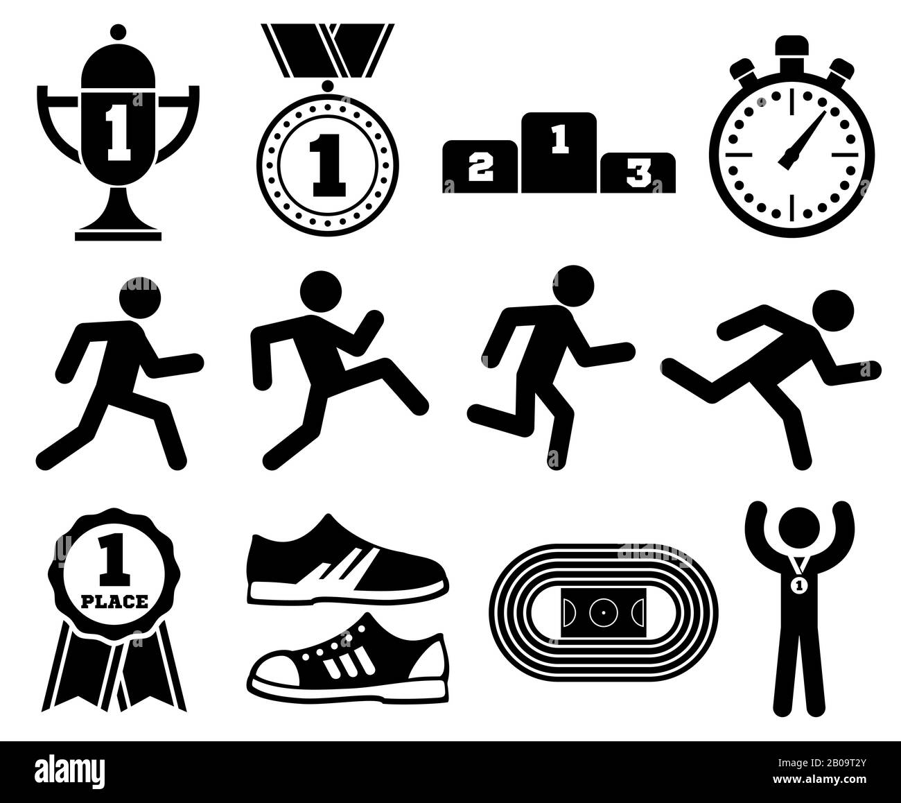 Laufsport, Joggingpersonen im Freien, Vektorsymbole für Marathonrennen. Aktiver Wettkampf, Abbildung der Laufübung Stock Vektor