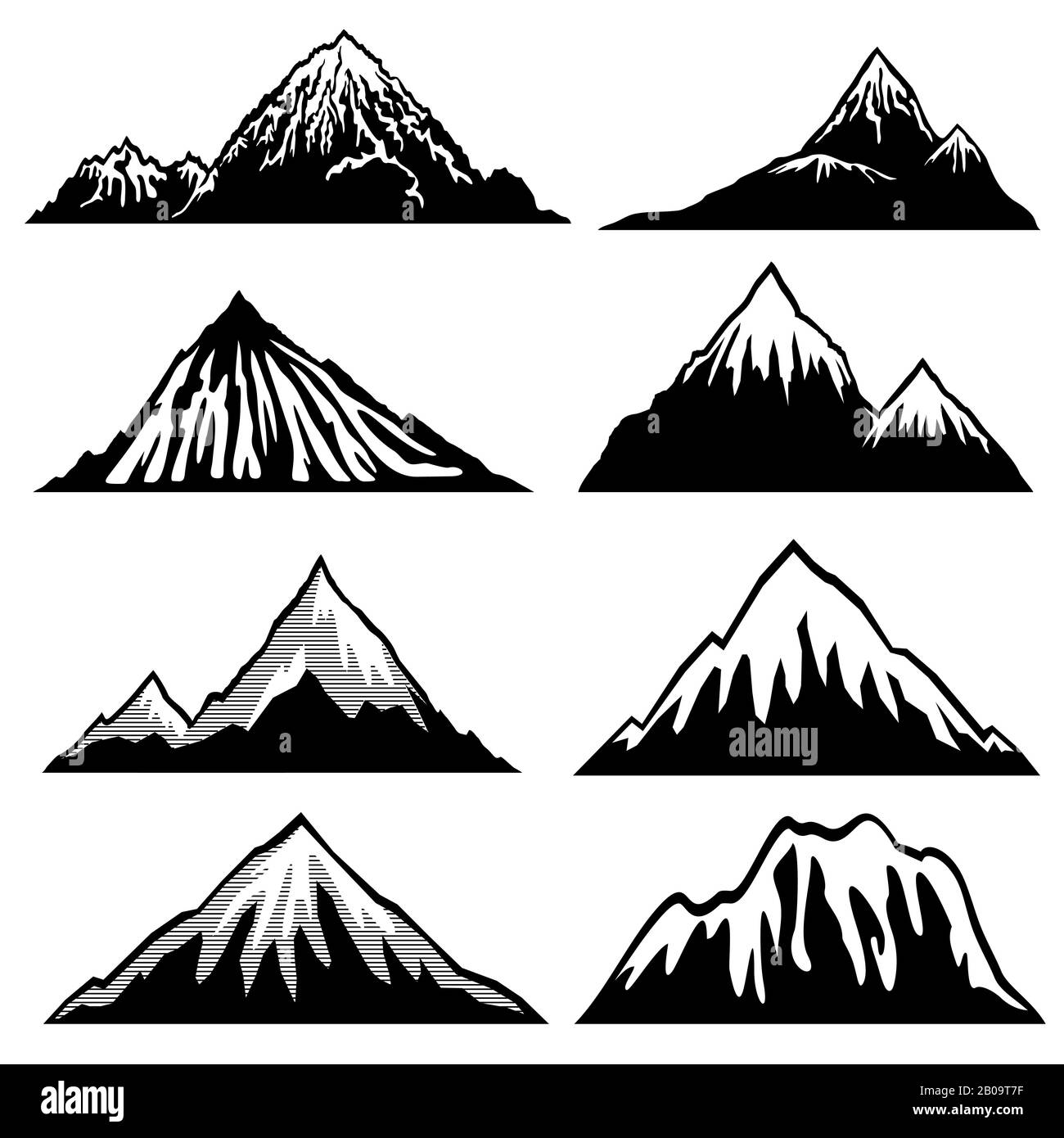 Hochland, Berge, Vektorsilhouetten mit schneebedeckten Gipfeln und Berghängen. Abbildung: Schnee-Berg-Set Stock Vektor