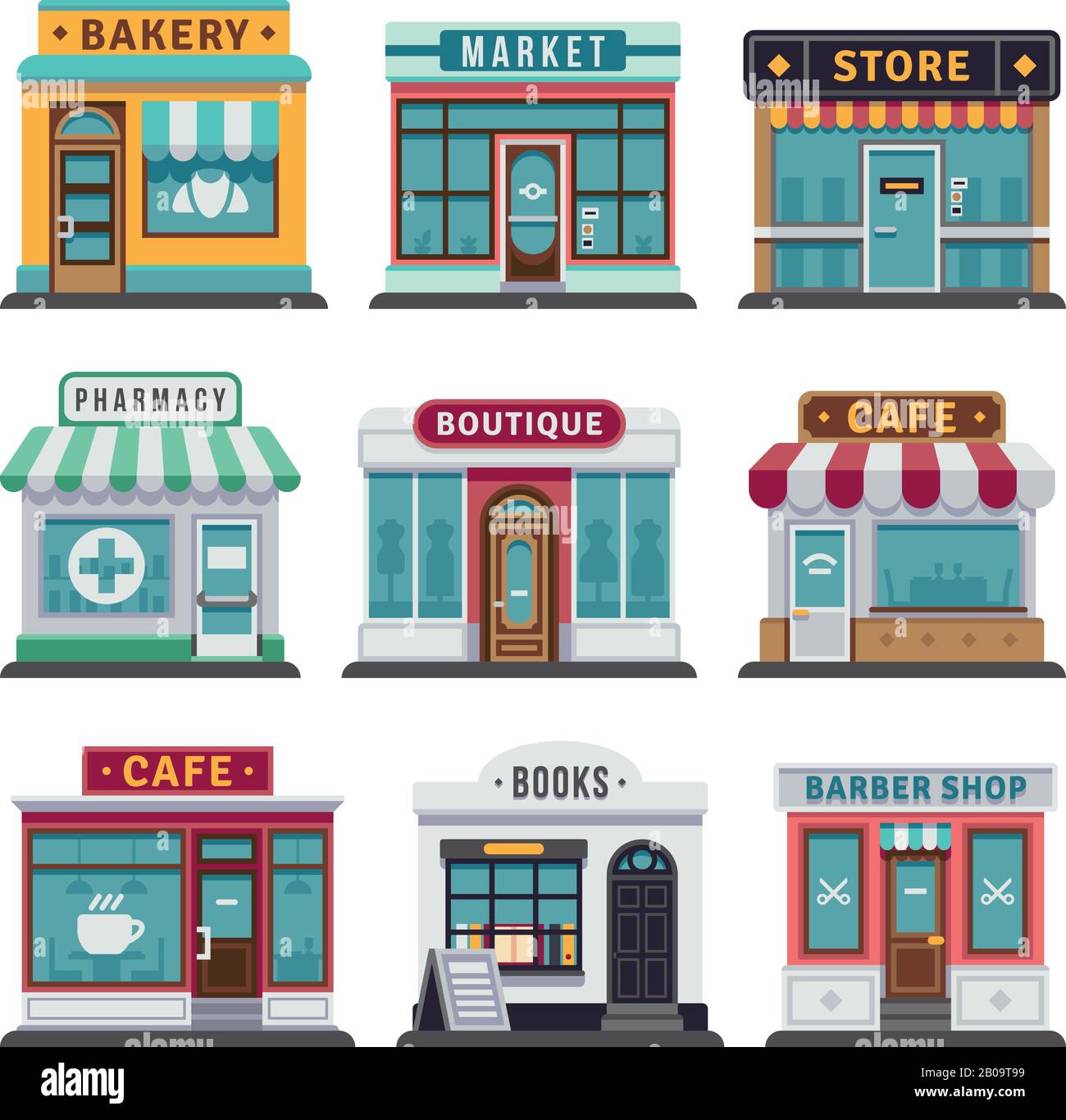 Einzelhandel Stadtgeschäft, Geschäft. Markt und Bäckerei, Café und Boutique-Shop, Vecto barber Shop Illustration Stock Vektor