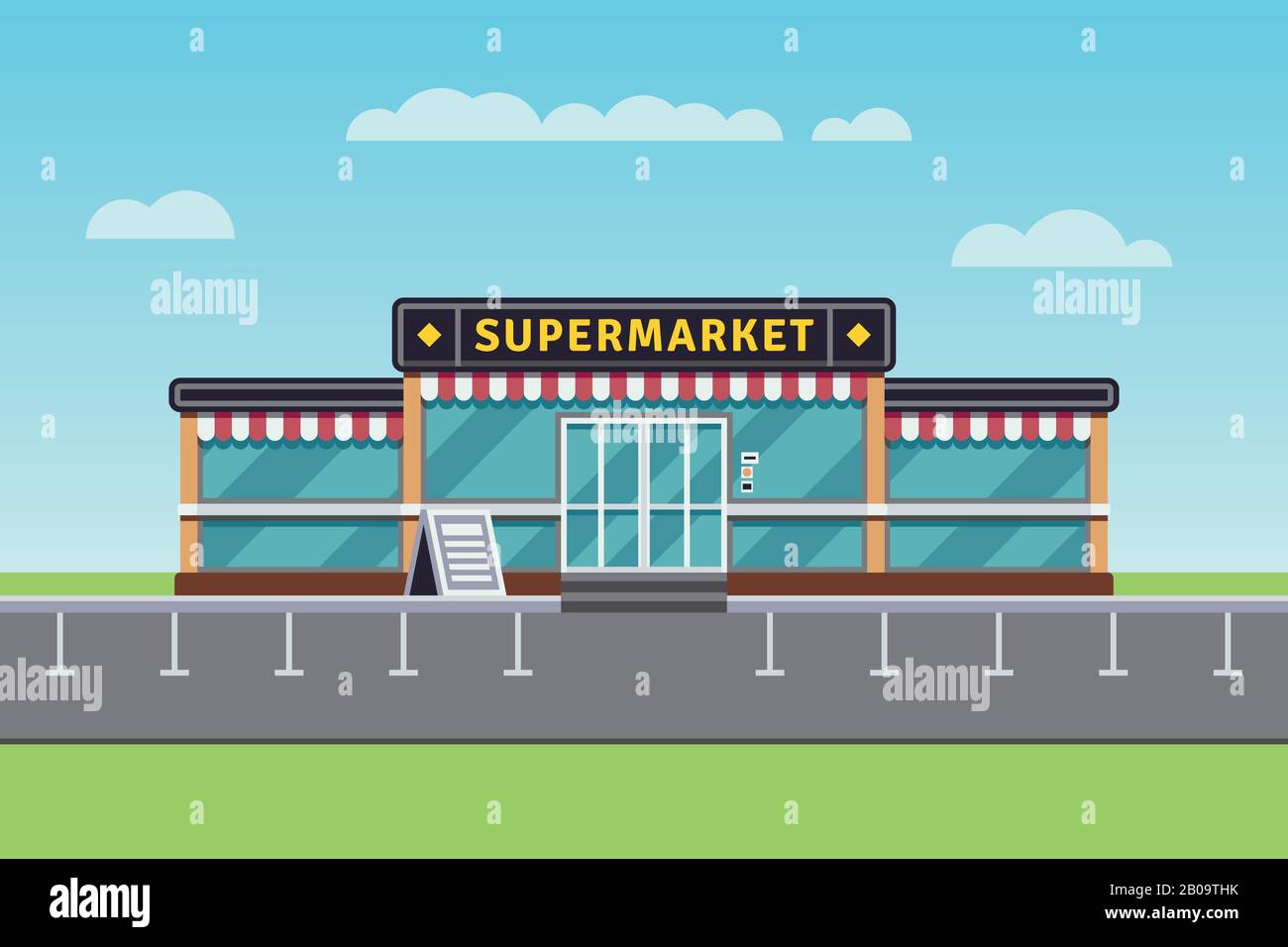 Supermarktgebäude, Einkaufsmarkt, Vektorgrafiken in Einkaufszentren. Großes Marktgebäude, Abbildung des Marktes für kommerzielle Ladengeschäft Stock Vektor