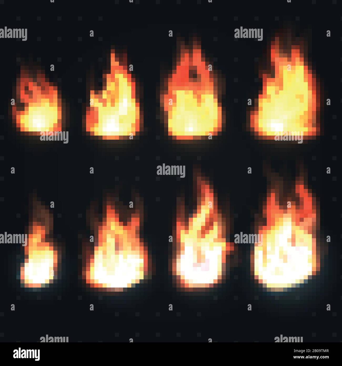 Vektorsatz für isolierte Feuerflammen, Leistungs- und Energiesymbole. Flammenbrand, Abbildung der Wärmekraftflamme Stock Vektor