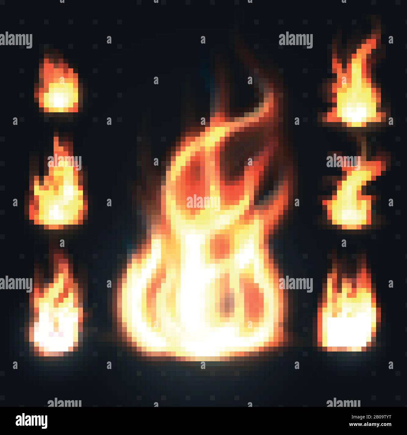 Realistische orangefarbene und rote Feuerflammen, Feuerbälle isoliert auf transparenter Hintergrundvektorillustration. Sammlung von orangefarbenem Feuer, Flammspritzen Stock Vektor