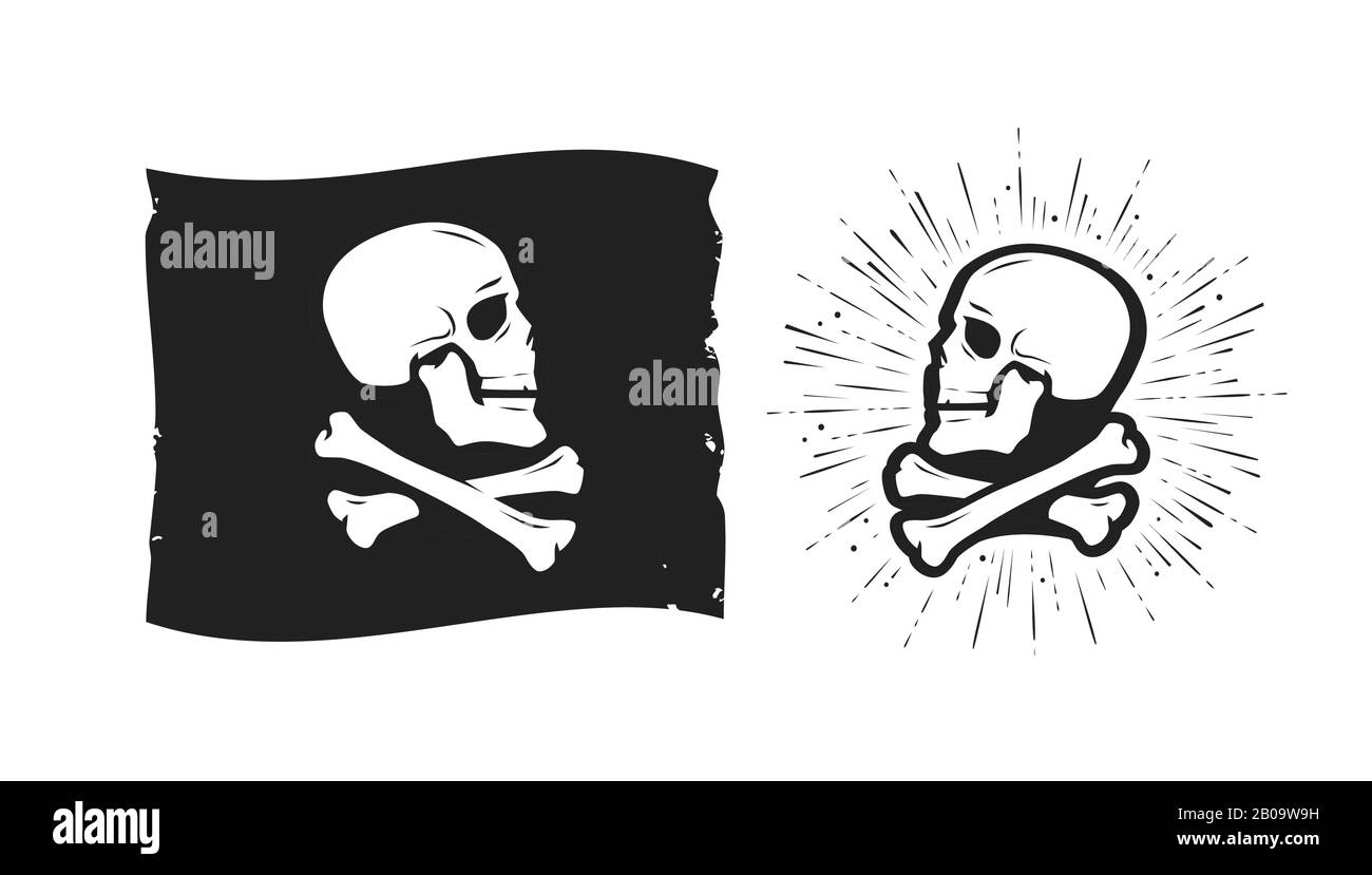 Jolly Roger, Piratenflagge. Schädel und Kreuzknochen Symbolvektor Stock Vektor