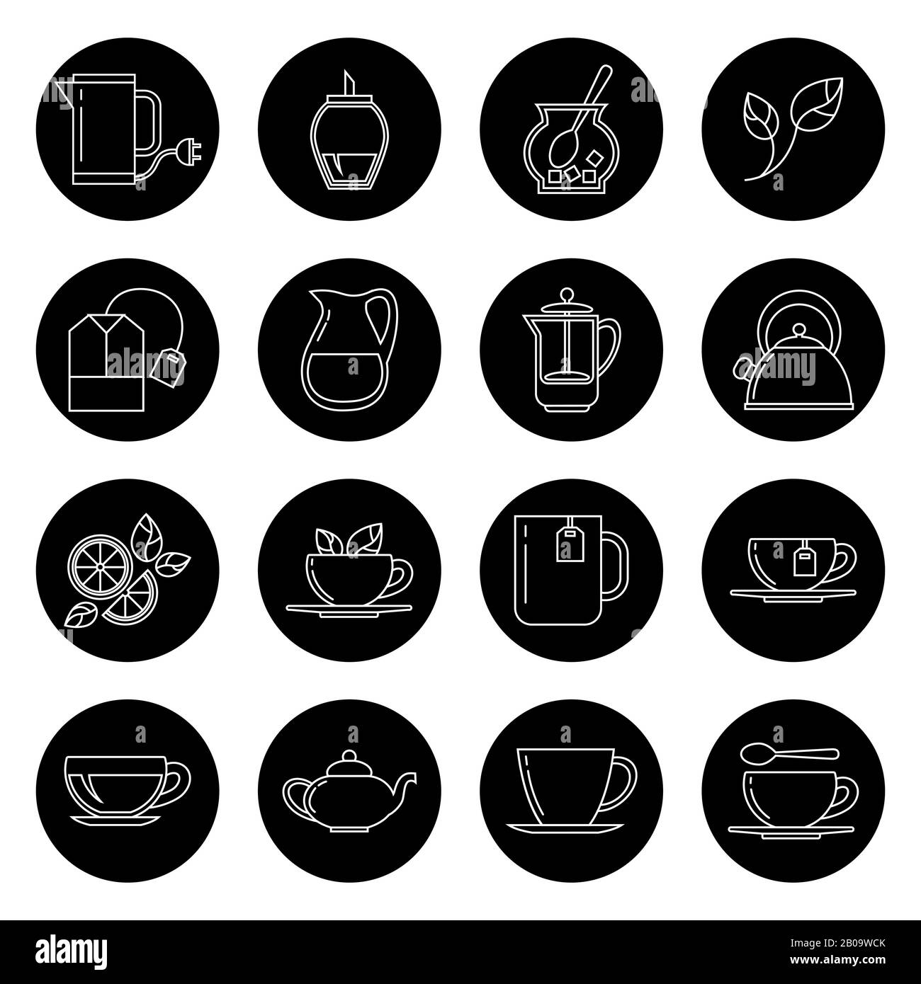 TEA Thin Line Vektorsymbole in Schwarzweiß. Tasse mit schwarzer Grafik für Kaffee und Tee Stock Vektor
