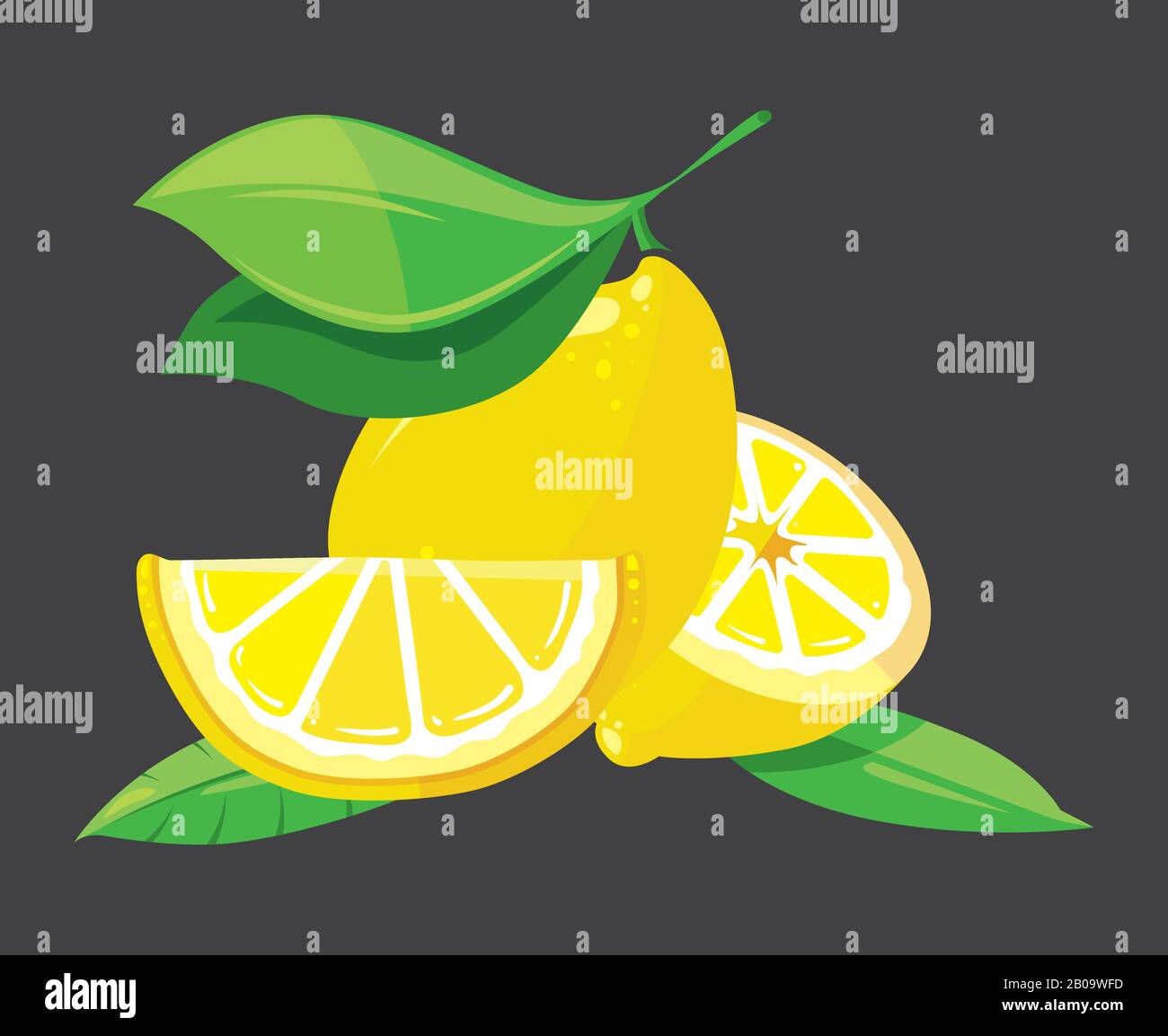 Vektorgrafiken mit hellen Zitronen. Helles frisches Obst aus Zitrusfrüchten und biologischem Anbau Stock Vektor