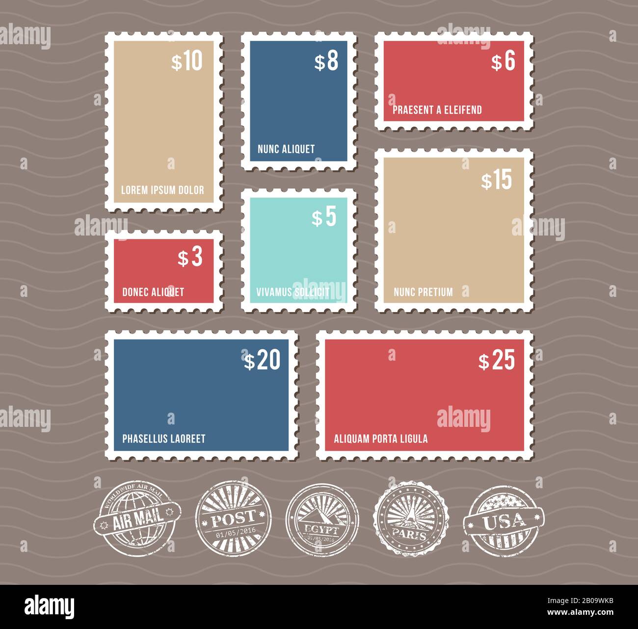 Leere Briefmarken in verschiedenen Größen und Vintage-Postmarken-Vektor. Satz Farbstempel mit Preis, Abbildung Rechteckstempel Stock Vektor