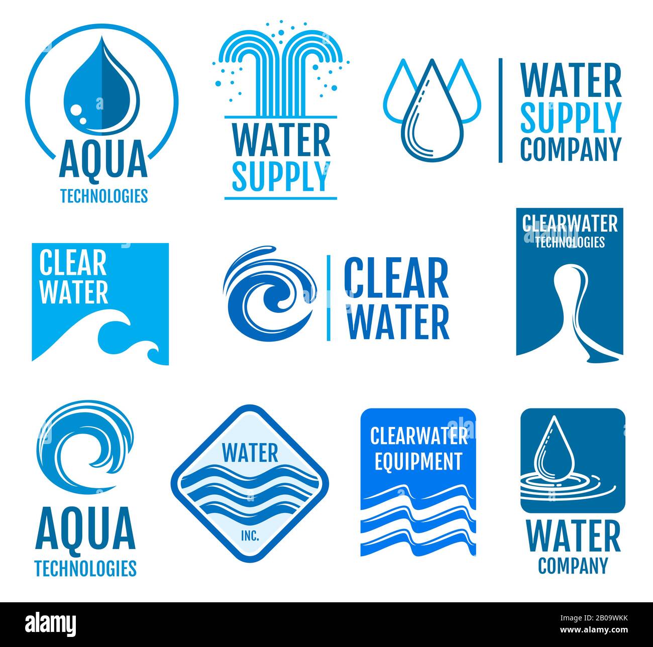 Logos und Etiketten für Frischwasservektoren mit Aqua-Symbolen. Logo "Frischtropfenwasser". Abbildung: Etikett mit Trinkwasser Stock Vektor