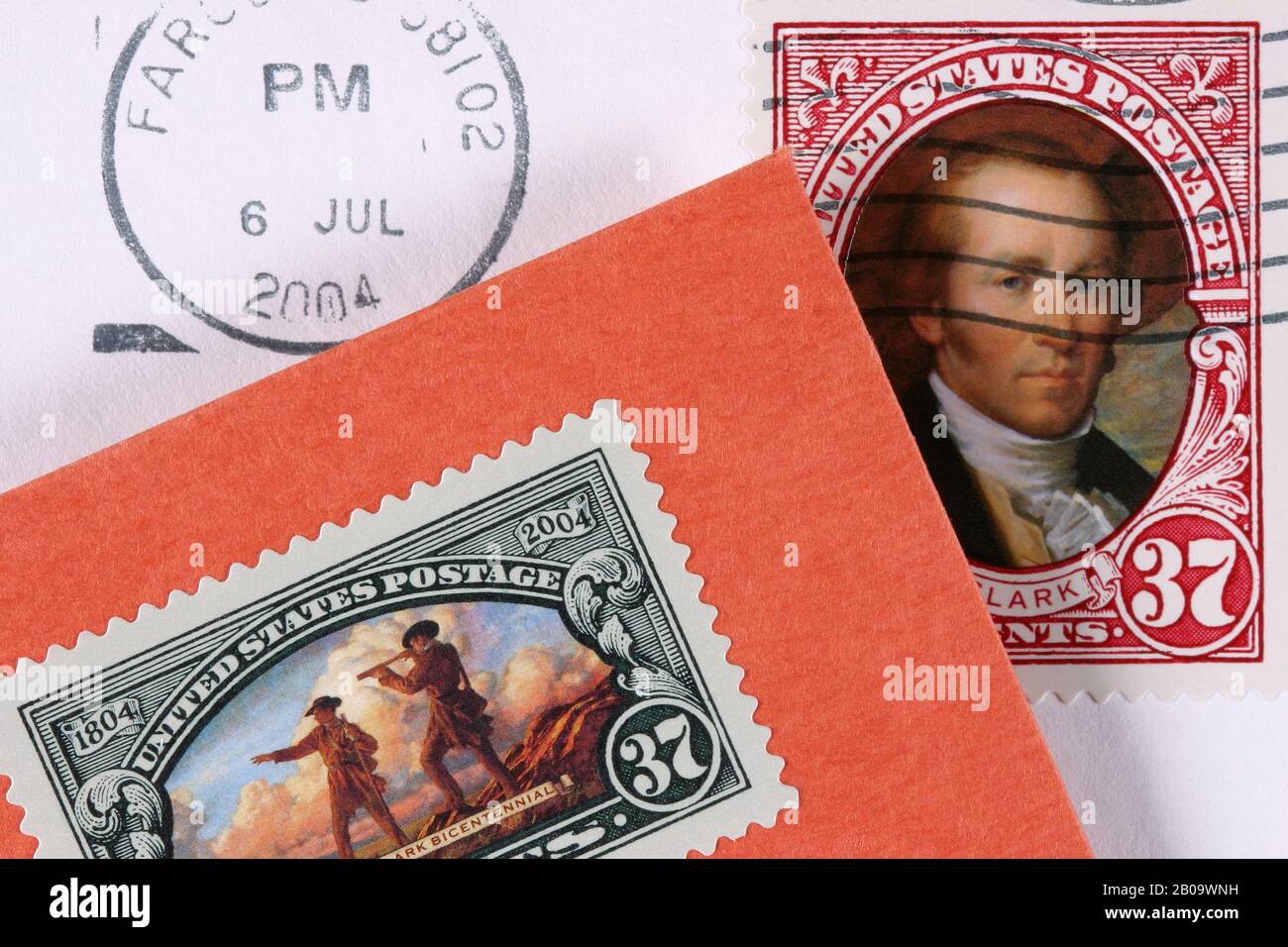 Collage von Postausfällen von Briefmarken und einem Umschlag für die Zweihundertjahrfeier 2004 zur Erinnerung an die Lewis-und-Clark-Expedition von 1804-1806 Stockfoto