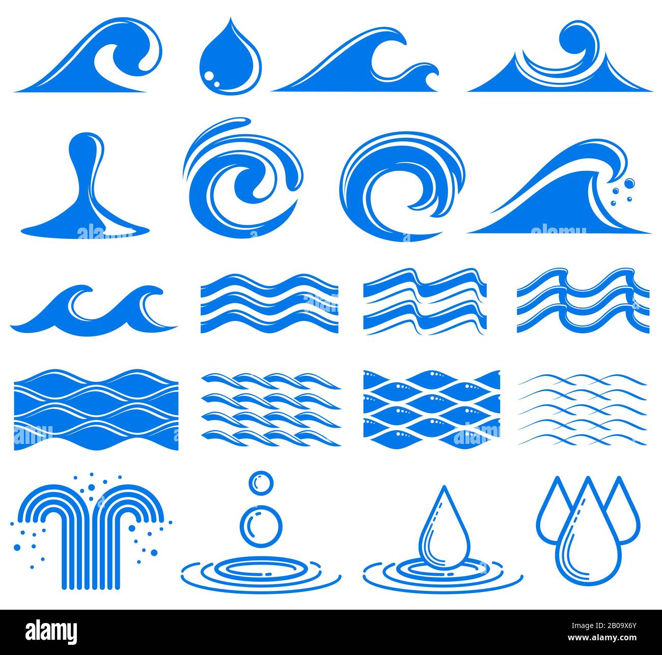 Kurven und Wasser-Vektor-Symbole. Set mit Wasserlogos, Welle und Brunnen, Abbildung des Wasserelements Stock Vektor