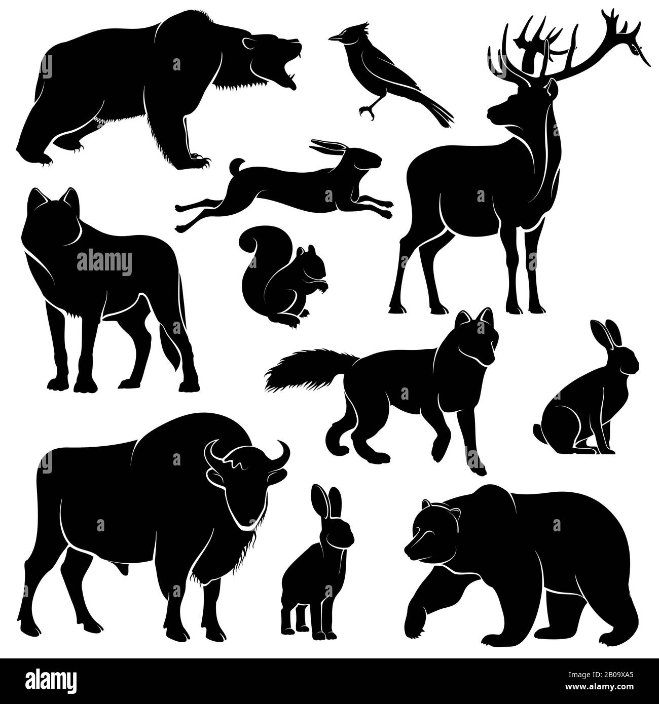 Vektor Waldtiere für Holzgestaltung. Zoologie-Sammlung tierisches Wildmammel, Illustration von Waldtieren Stock Vektor