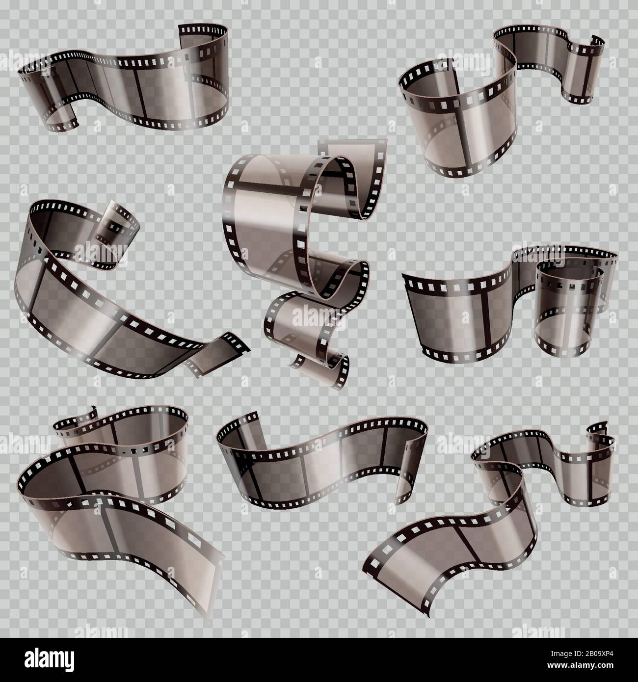 Vektorsatz für 35-mm-Foto- und Filmrollen im Retro-Format. Videotape-Teil, Abbildung der Multimedia-Bandfotografie in der Kinematographie Stock Vektor