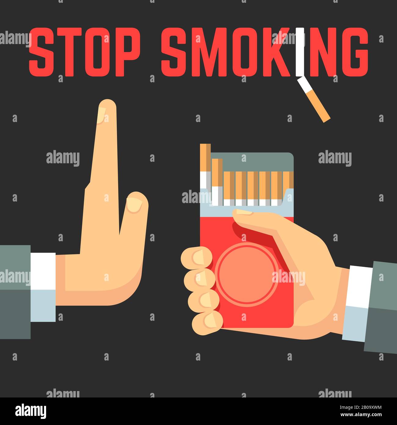 Vektor-Konzept für Nichtraucher. Hand mit Zigarette und Hand mit Zurückweisungsgeste. Kein Zigarettenbanner, keine Rauchtabak-Konzeptabbildung Stock Vektor