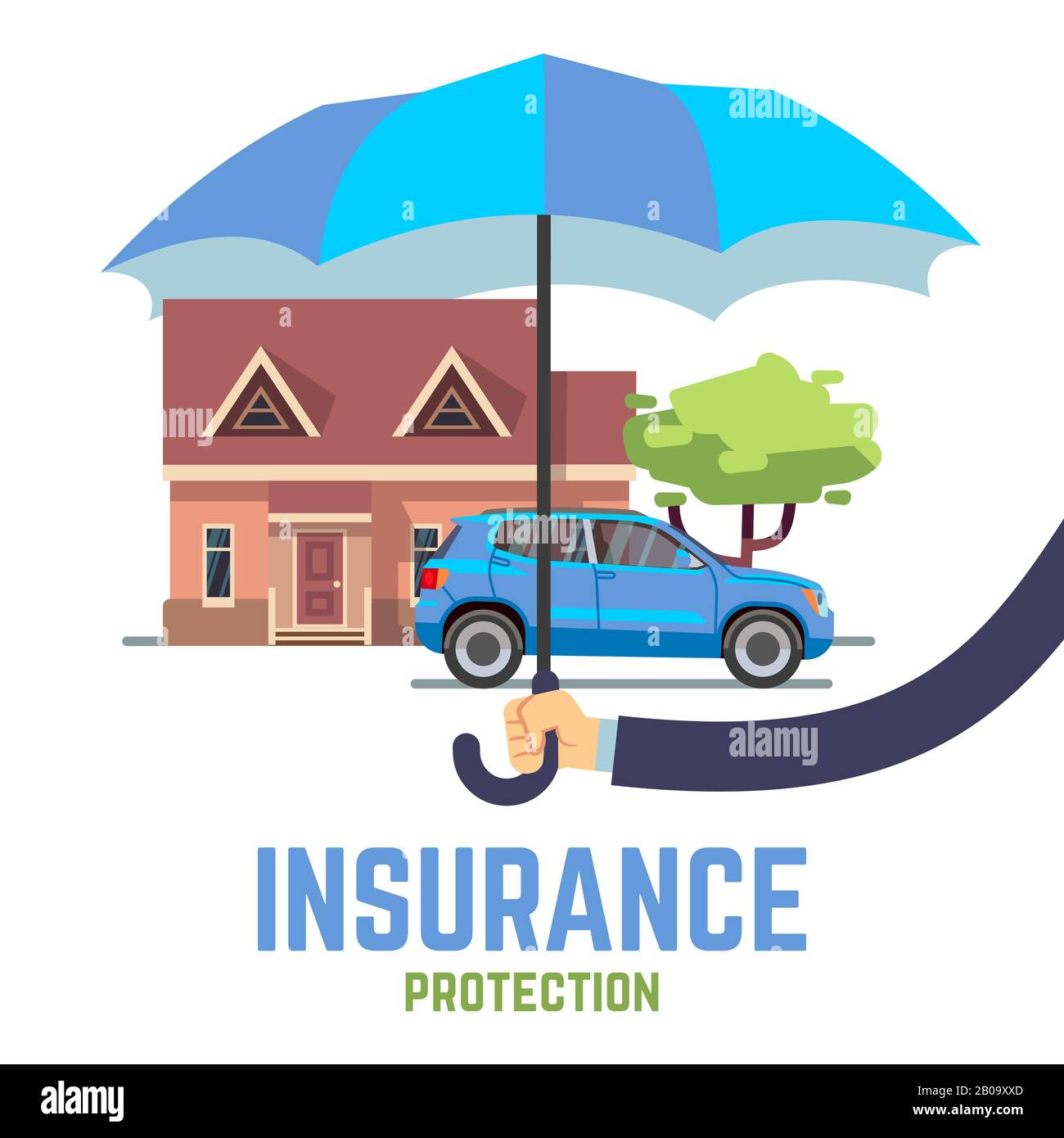 Versicherungsvektor Flachsicheres Konzept mit handhaltendem Regenschirm über Haus und Auto. Sicherheit und Versicherung Transport und Gebäude, Abbildung der Auto- und Hausversicherung Stock Vektor