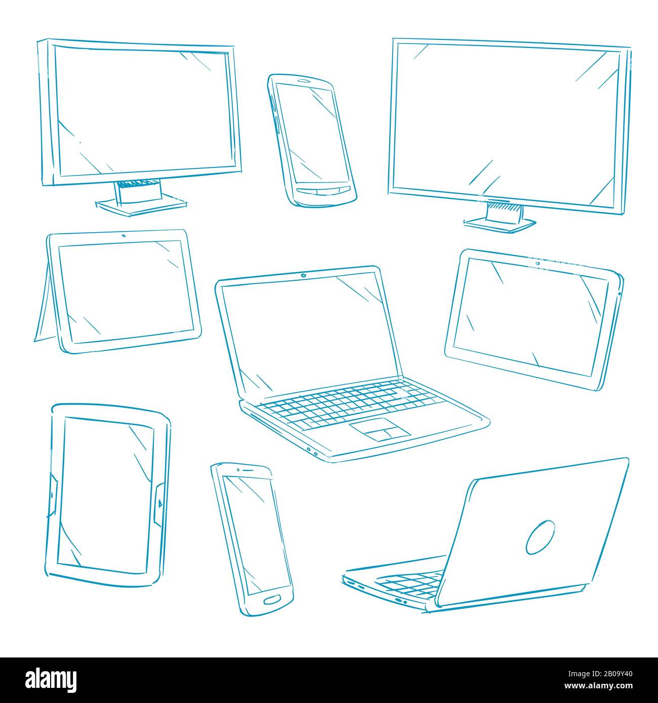 Digitale Geräte von Doodle, Tablet, pc, Laptop, Vektorsymbole für Mobiltelefone. Tablet und Laptop, Smartphone mit Gadget-Geräten, Abbildung eines intelligenten Gadgets Stock Vektor