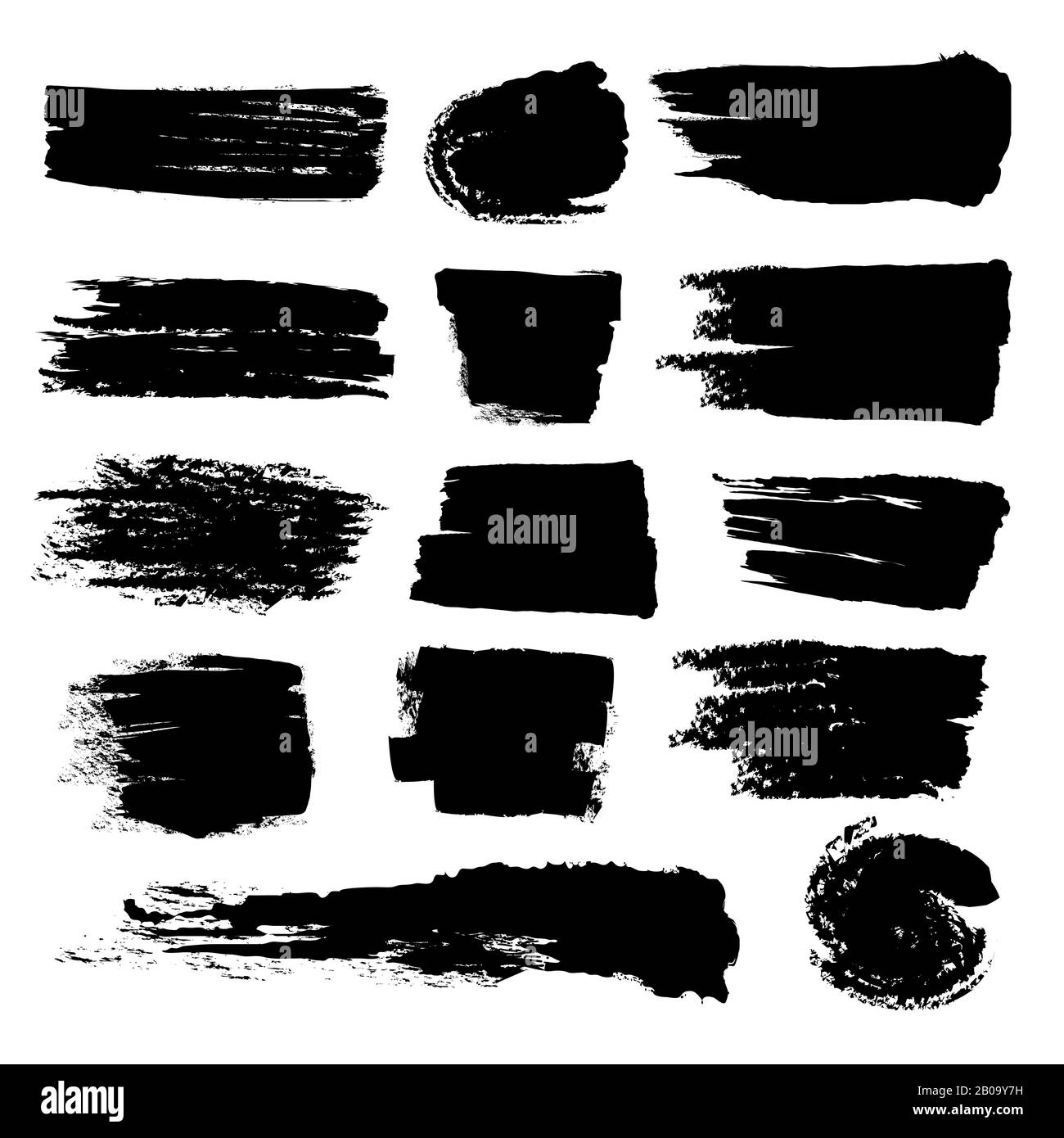 Schwarze Pinselstriche, schmutzige, inkierte Vektorgrafikbürsten. Kreativer Pinselstrich, Abbildung der Pinselflecklinie Stock Vektor