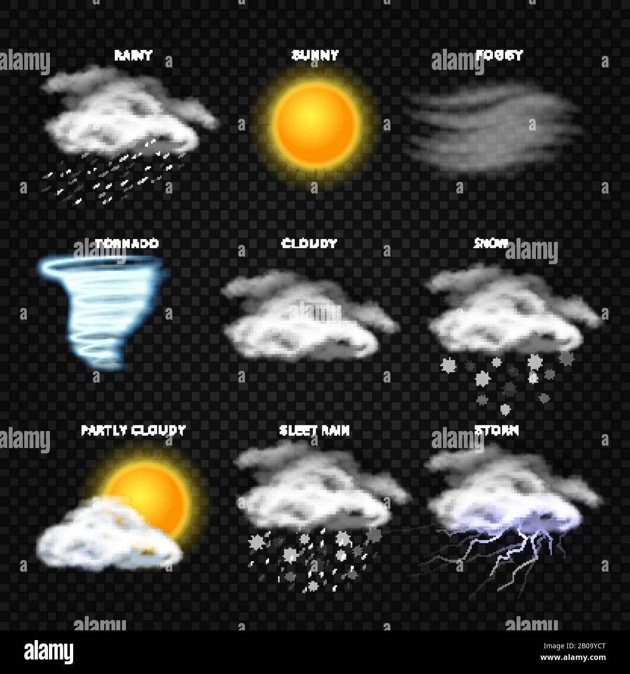 Realistische Wettervektor-Symbole isoliert auf transparentem Hintergrund. Wettervorhersage, Abbildung des Symbols zur Vorhersage der App Stock Vektor