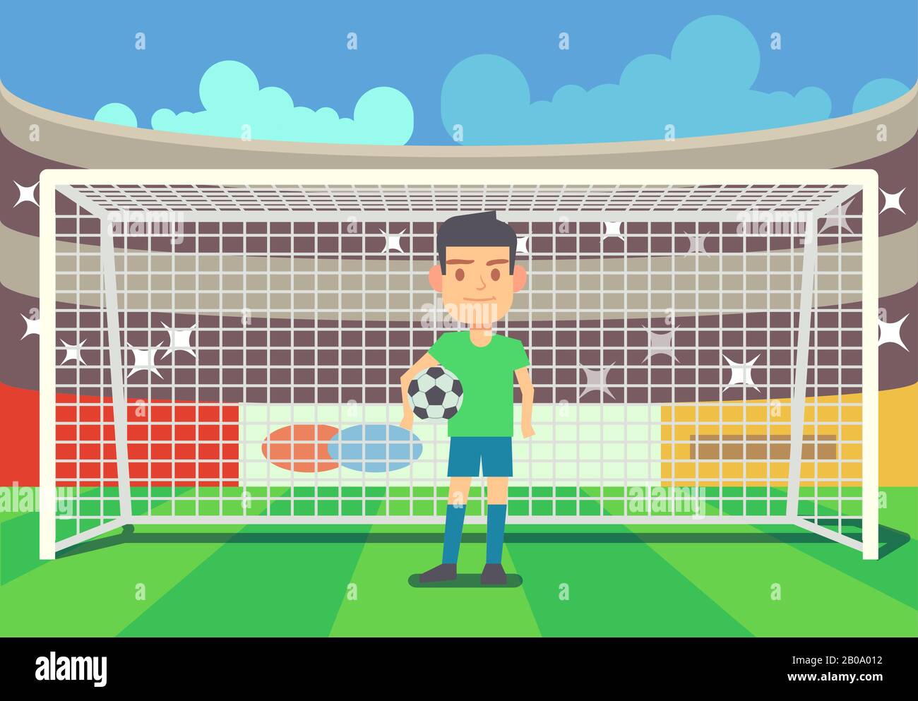 Fußball-Torwart hält Tor auf Arena-Vektor-Illustration Fußball-Keeper im Rahmen Stock Vektor