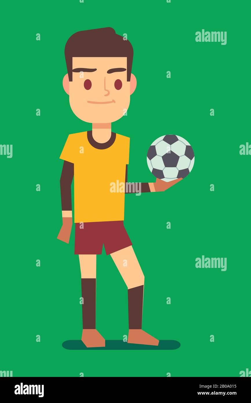 Fußballspieler, der eine Vektorgrafiken im grünen Feld hält. Sportfußballspieler mit Ball Stock Vektor