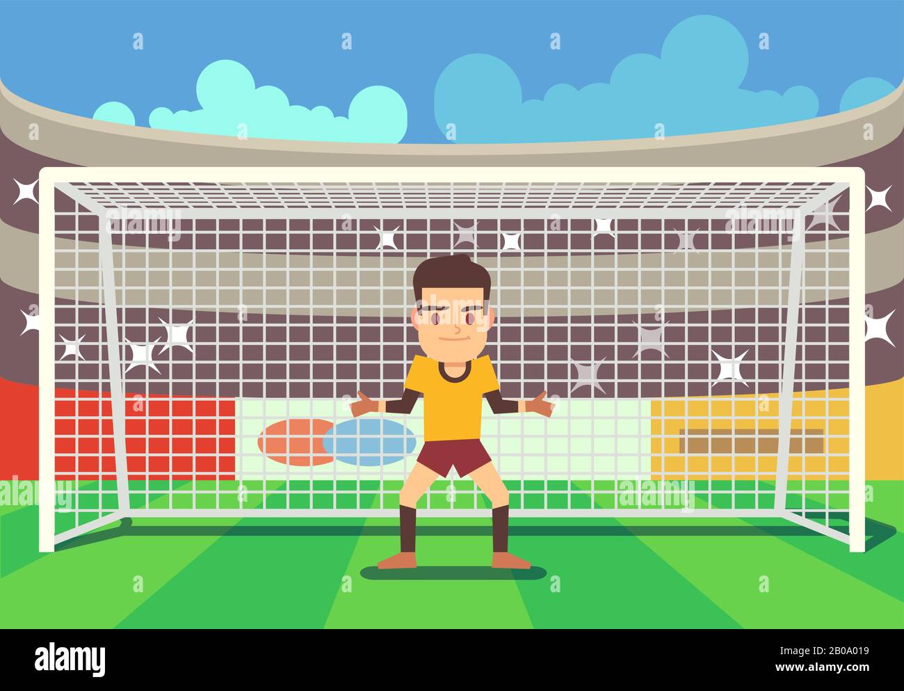 Fußball-Torwart hält Tor auf Arena-Vektor-Illustration Abwehrspieler Fußball Stock Vektor