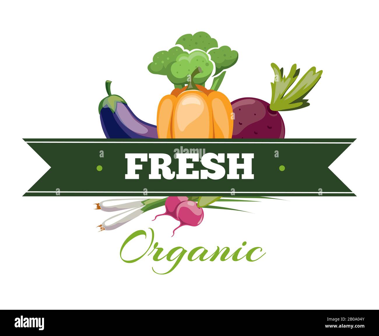 Natürliche frische Lebensmittel, Gemüse Logo Emblem Vektorvorlage. Etikett für die Illustration von umweltfreundlichem Gemüse auf dem Bauernhof Stock Vektor