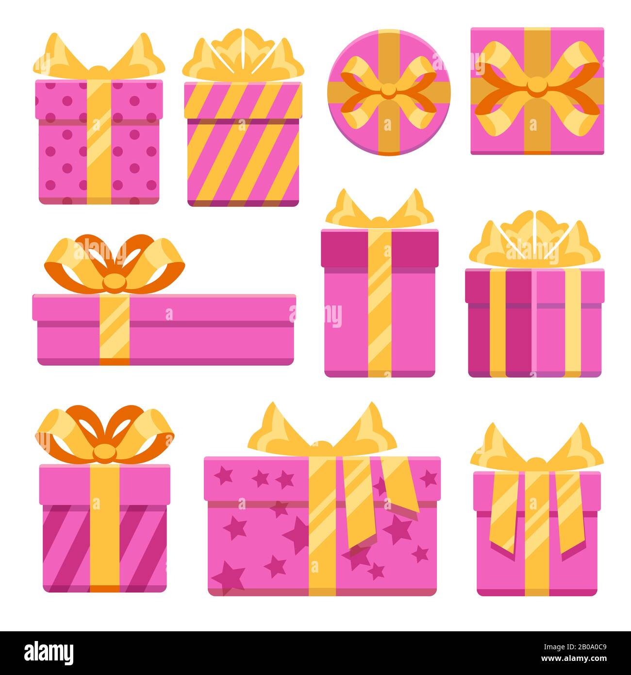 Rosafarbene Geschenkschachteln mit Vektorsymbolen für Bandbögen. Weihnachtsgeschenke mit Schleife am Band Stock Vektor