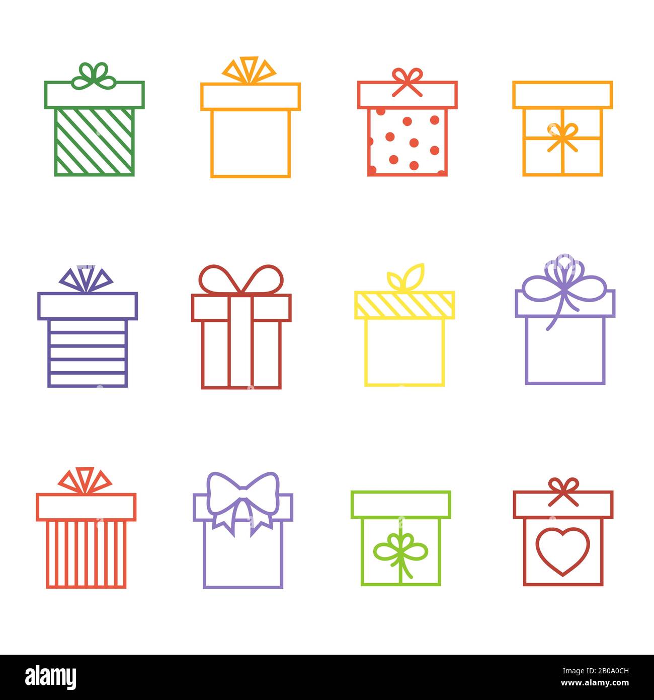 Mehrfarbige Vektor-Geschenkschachteln zum Geburtstag oder Weihnachtsbilder mit dünnen Linien zeigen die Darstellung an Stock Vektor