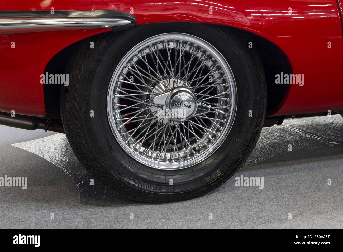 Raddetails eines Jaguar E Type aus dem Jahr 1968 Stockfoto