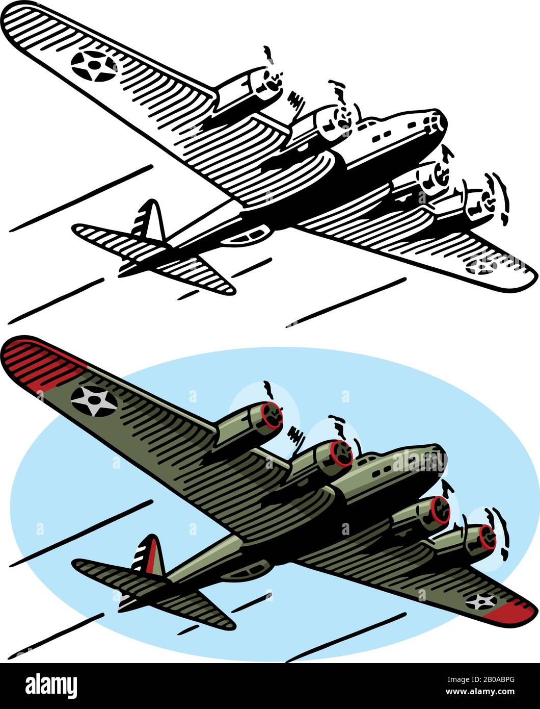 Eine Zeichnung des amerikanischen Luftfahrzeugs des zweiten Weltkriegs des B-17-Bombers. Stock Vektor