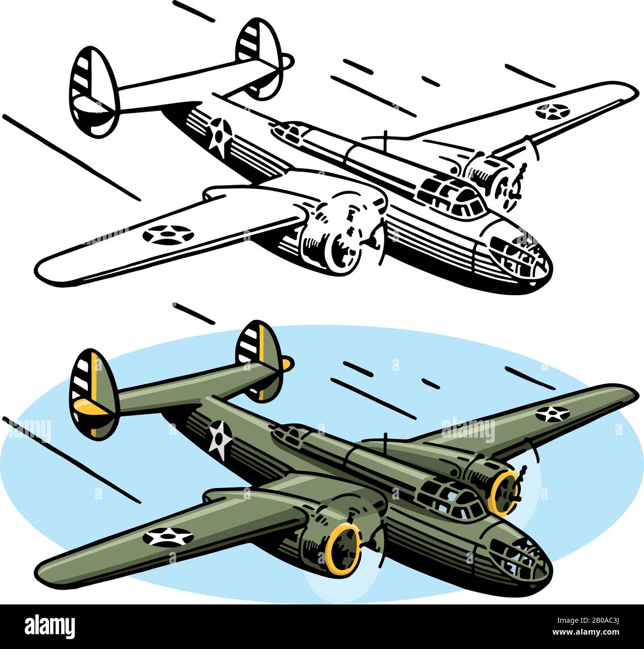 Eine Zeichnung des amerikanischen Luftfahrzeugs des zweiten Weltkriegs des B-25-Bombers. Stock Vektor