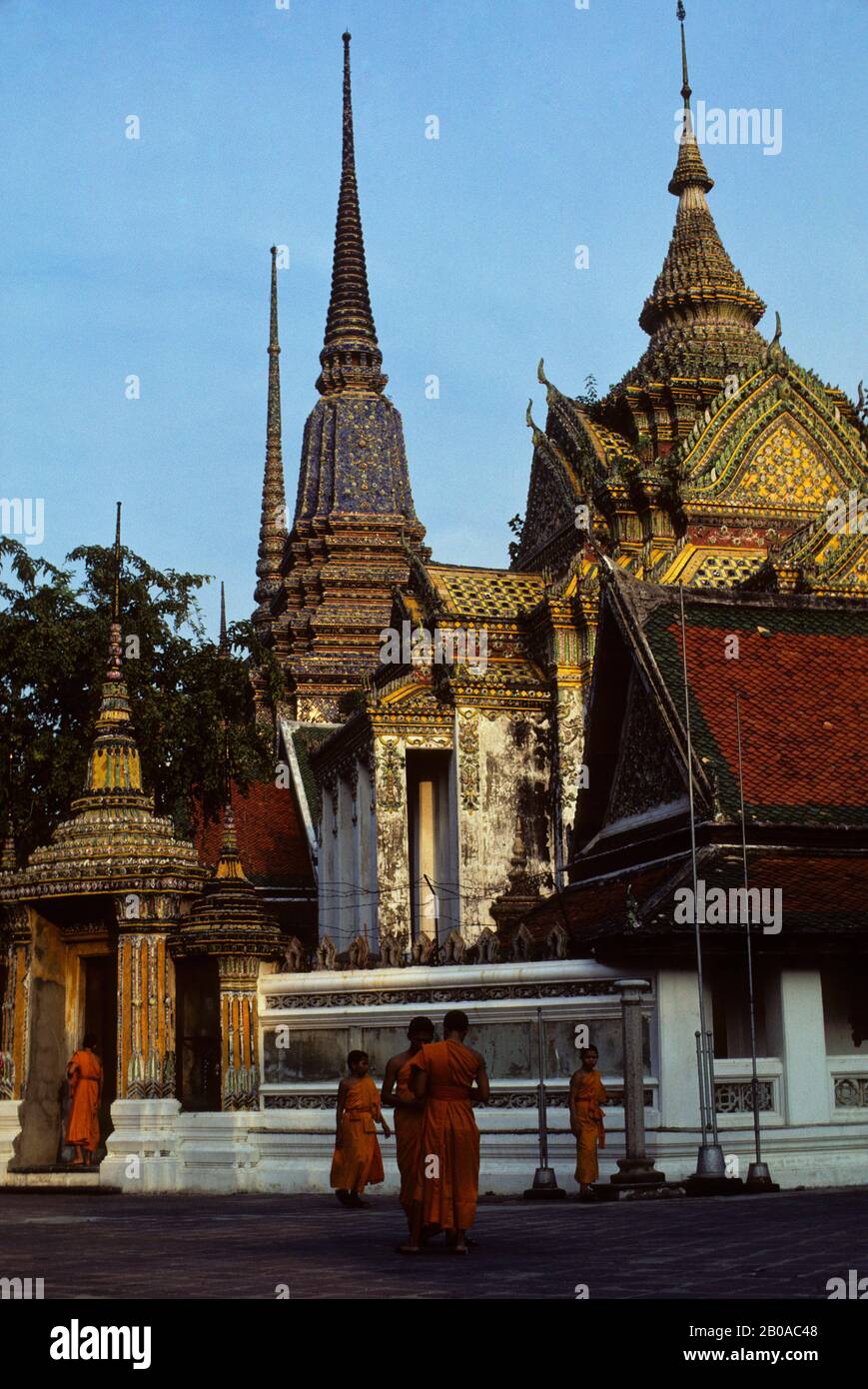 THAILAND, BANGKOK, WAT PO (WAT PHRA JETUPON) TEMPEL, SCHULE MIT NOVIZEN/STUDENTEN IN SAFRANROBEN Stockfoto