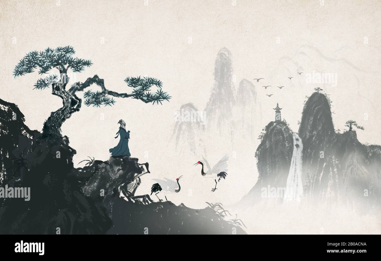 Eine ferne künstlerische Konzeption der Zen-Tinte-Landschaftsmalerei Stockfoto