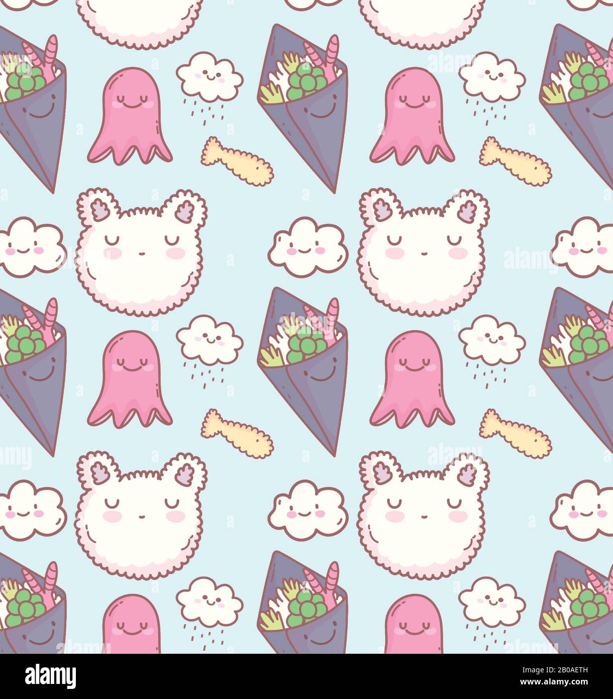 Japasene Tempura Fisch Reis Salat Cartoon Essen niedliche Hintergrund-Vektor-Illustration Stock Vektor