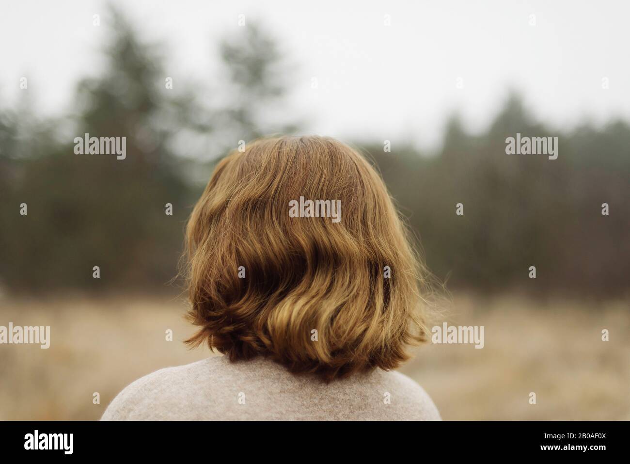 Frau steht am Wald bei nebeligem Wetter Stockfoto