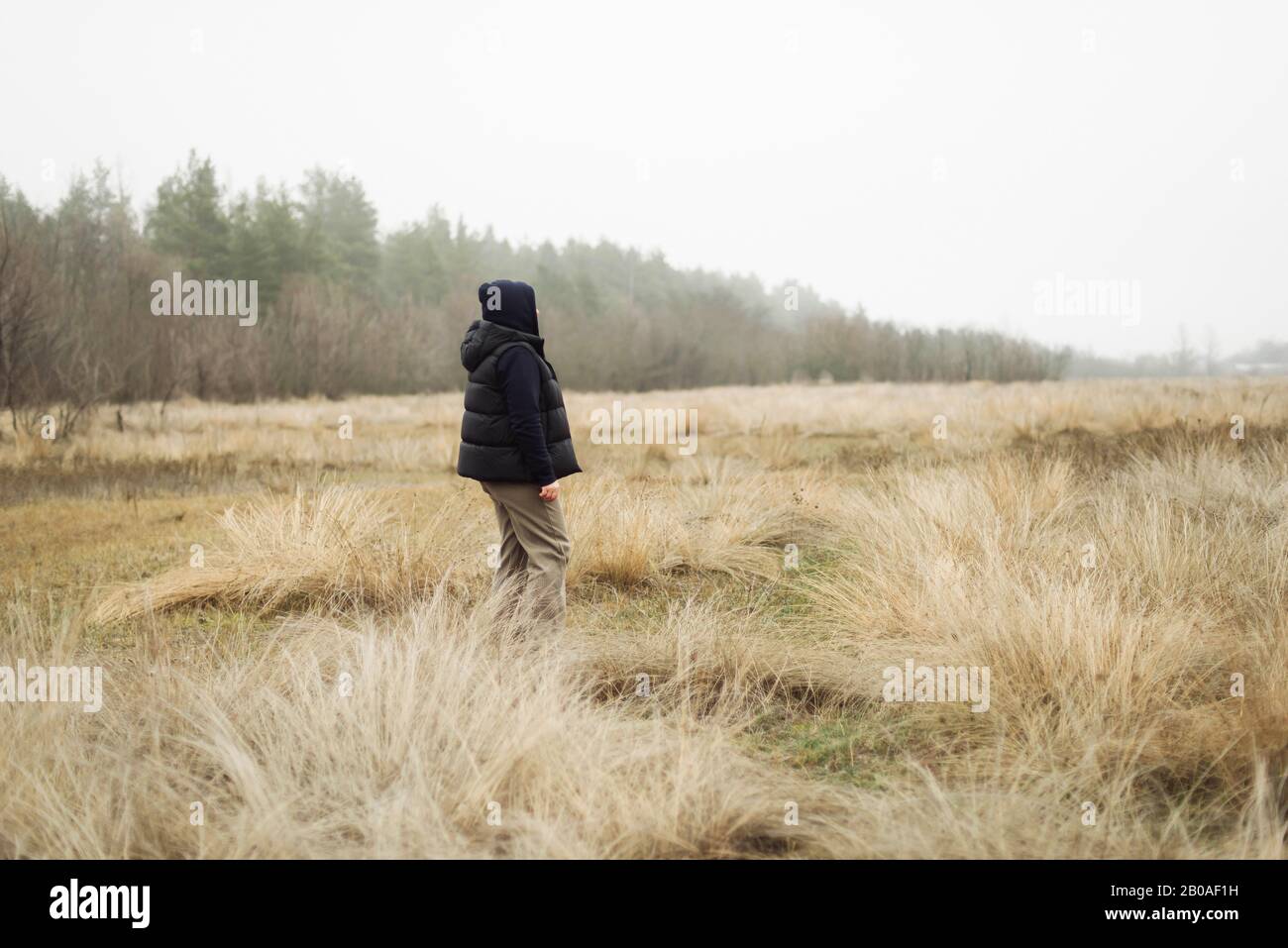 Frau steht auf dem Feld bei nebeligem Wetter Stockfoto