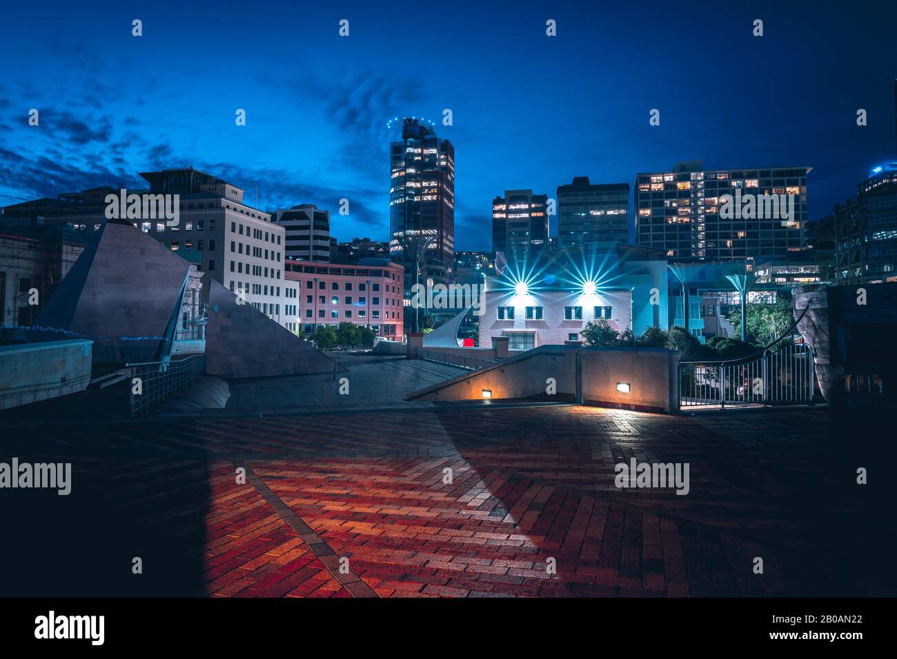 Nachtszenerie der Waterfront in Wellington City Stockfoto