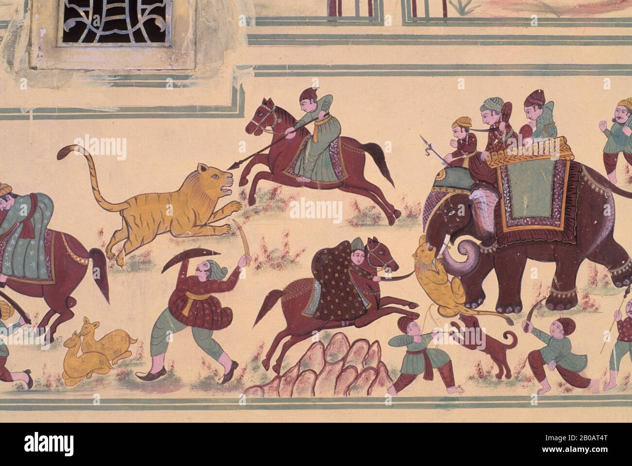 INDIEN, JAIPUR, SISODIA PALACE, BEMALTE WÄNDE, TIGER-JAGDSZENE Stockfoto