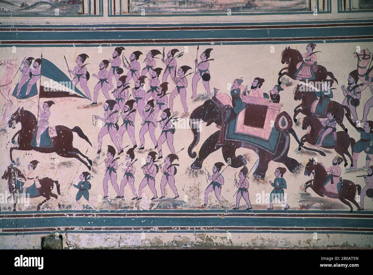 INDIEN, JAIPUR, SISODIA PALACE, BEMALTE WÄNDE, KRIEGSSCHAUPORE Stockfoto