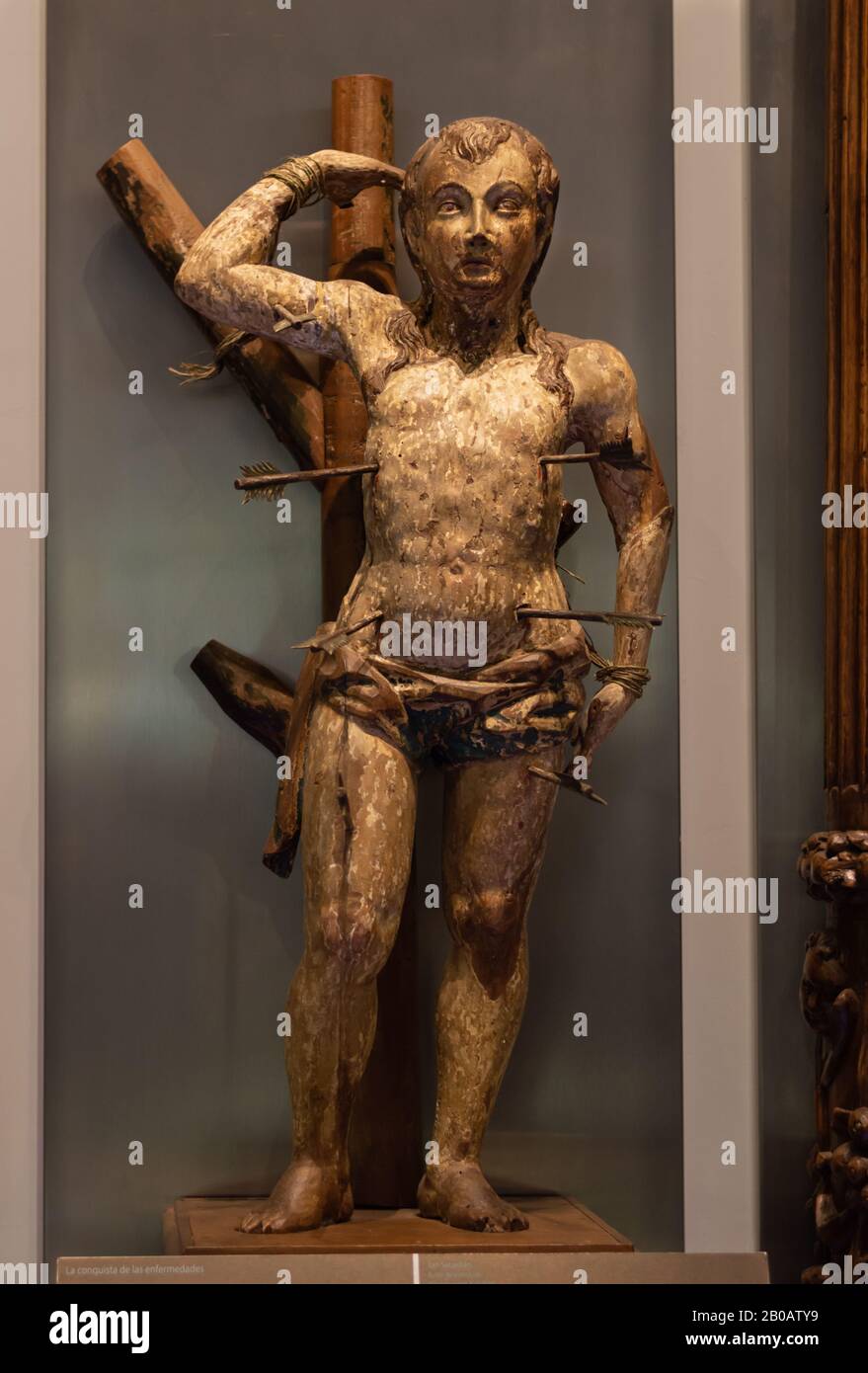 Holzstatue des heiligen Sebastian aus XVII - XVIII, Maya World Museum, Merida, Yucatan, Mexiko. Stockfoto