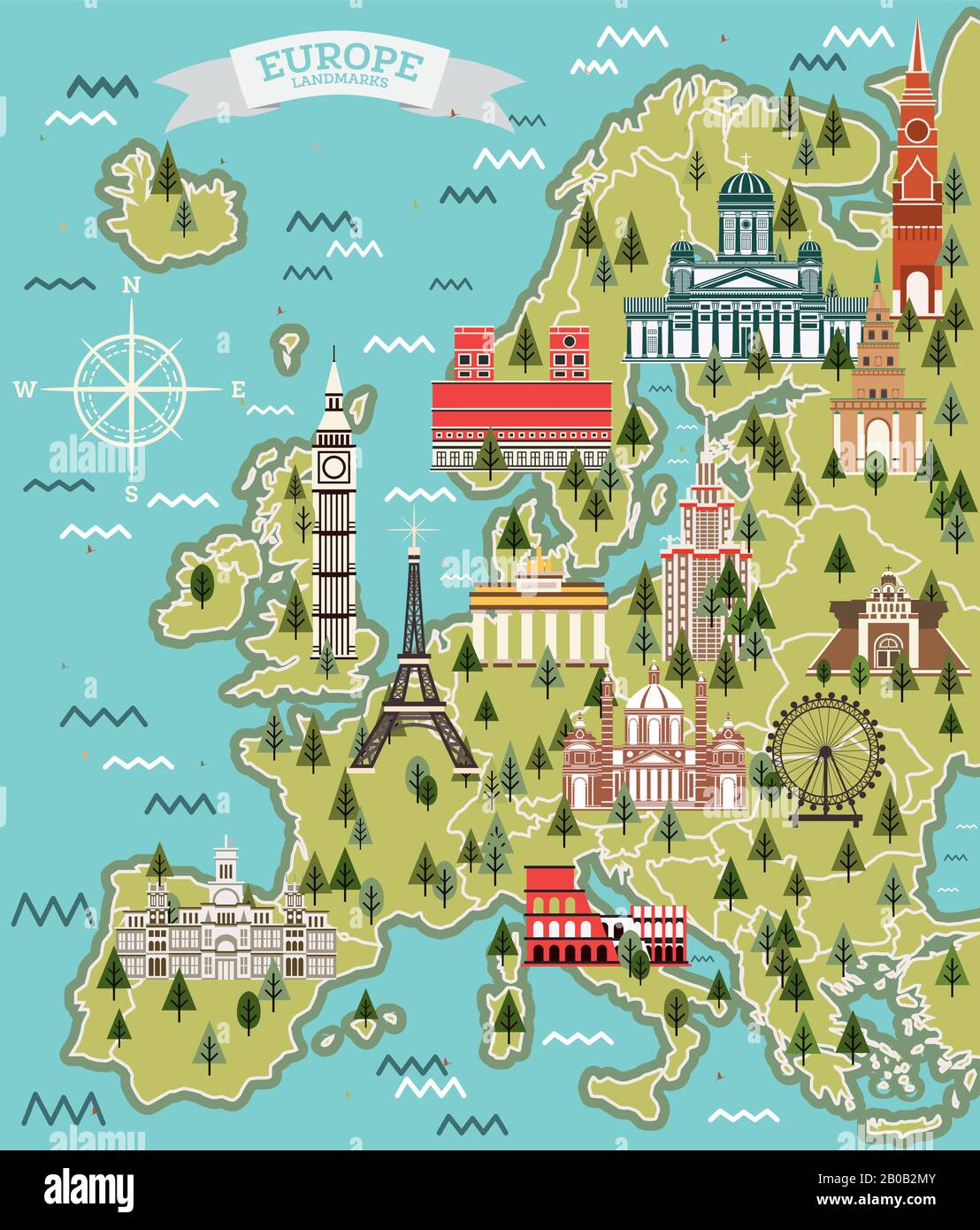 Europa Karte mit Berühmten Sehenswürdigkeiten. Vektorgrafiken. Reise- und Tourismuskonzept. Stock Vektor