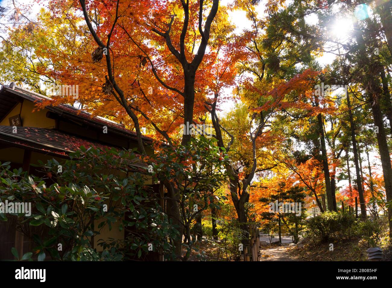 Farbenfroher Herbstblick auf Traditionelle Hütten im japanischen Garten, Osaka, Japan Stockfoto