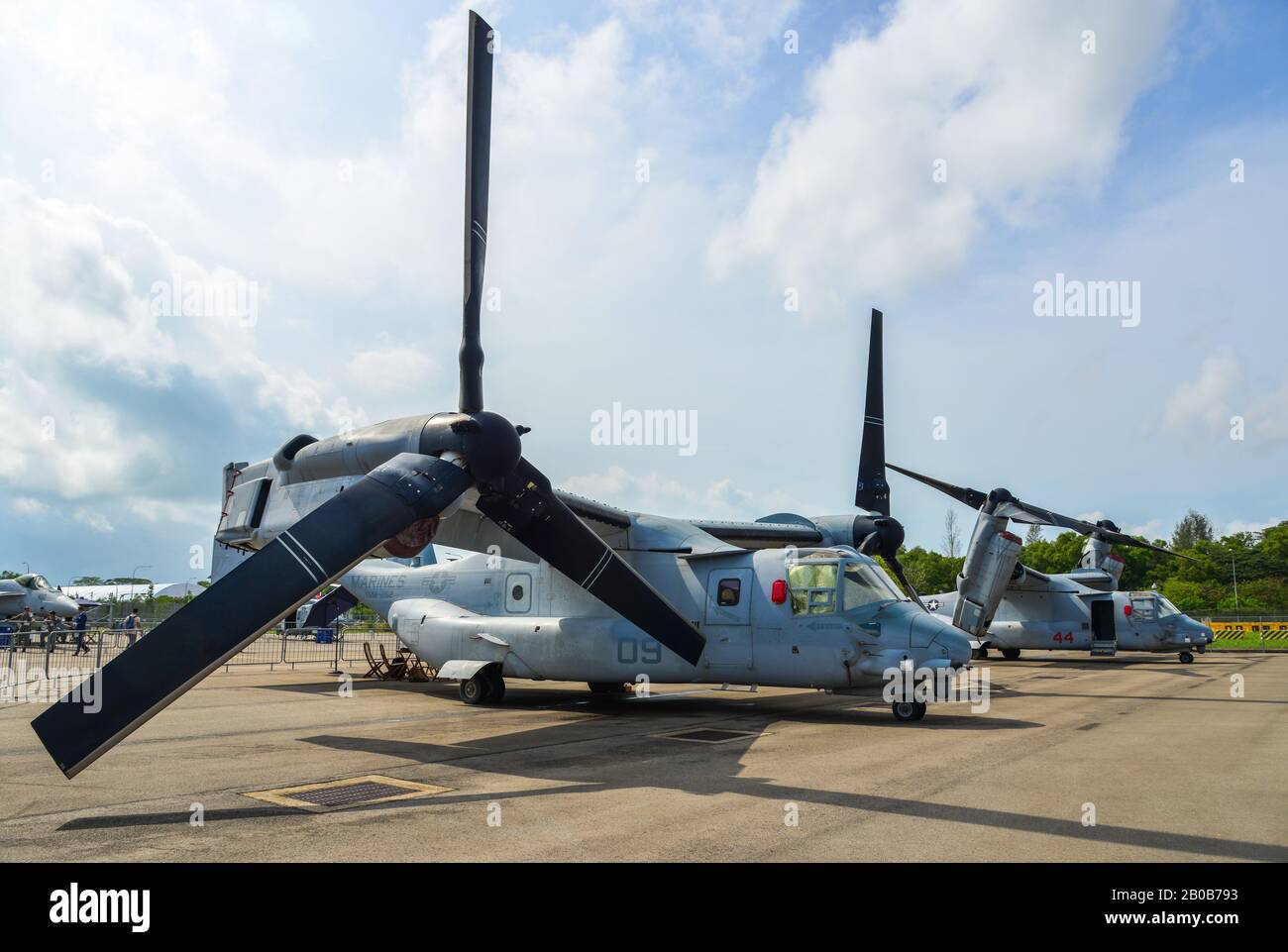 Singapur - 12. Februar 2020. Bell Boeing V-22 Osprey vom US Marine Corps zur Anzeige in Changi, Singapur. Die Verteidigungskosten steigen, insbesondere im Eas Stockfoto