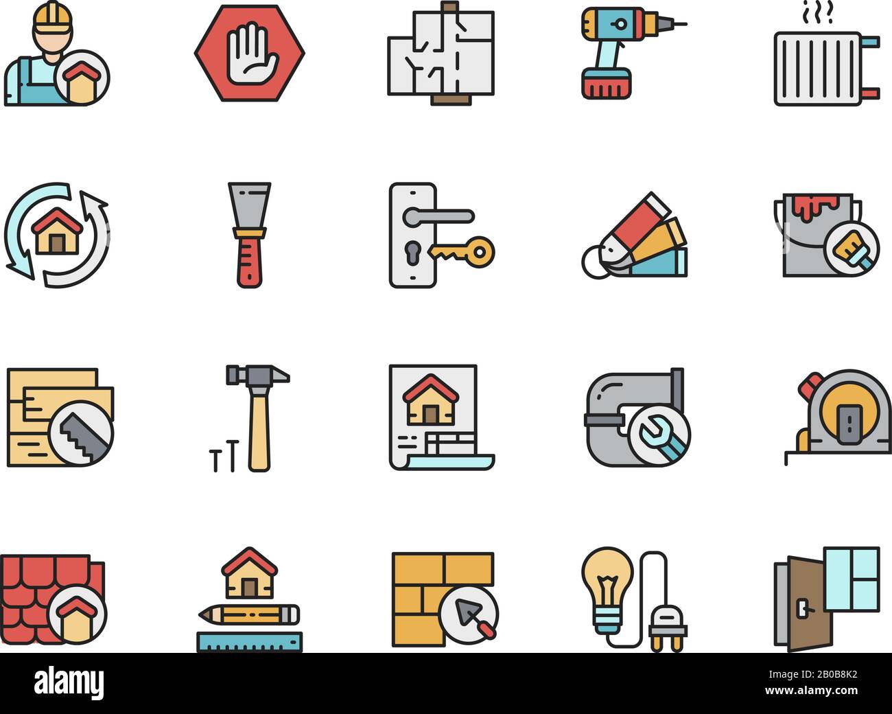 Set mit Symbolen für die Farblinie der Haussanierung. Reparaturwerkstatt, Kühler, Leitungen und mehr. Stock Vektor