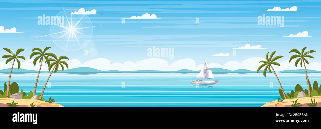 Tropische Küstenpanorama-Landschaft mit Palmen und Boot. Cartoon Vector Illustrationen mit separaten Ebenen. Stock Vektor