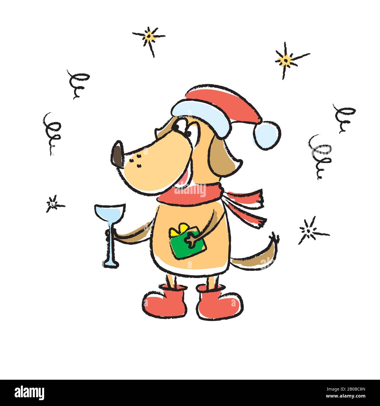 Niedliche Winterkarte mit Hund in rotem Hut, Schal, handgezeichnete Vektorgrafiken Stock Vektor