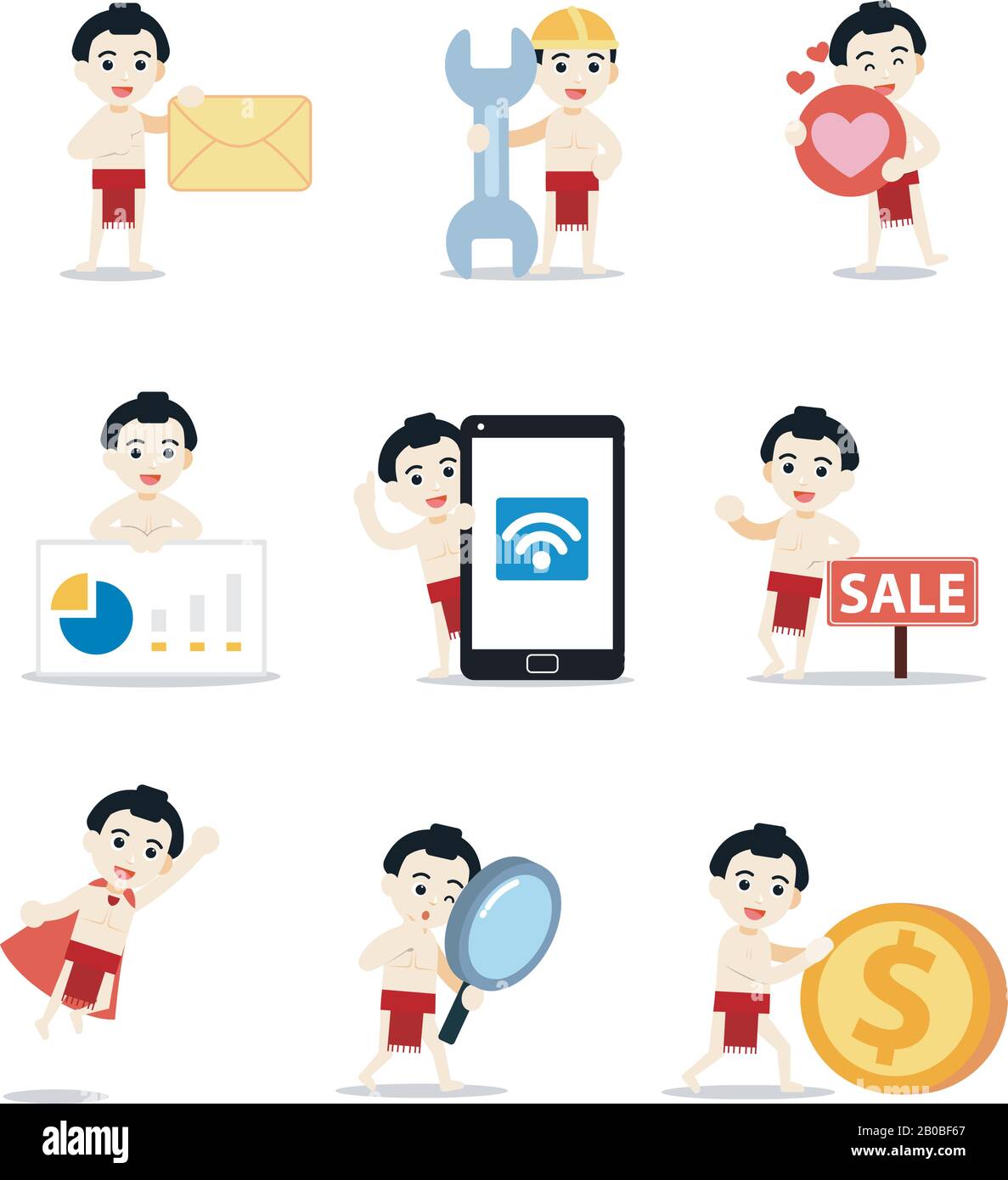 Set of Character man als japanischer Sumo-Ringersportler. Stock Vektor