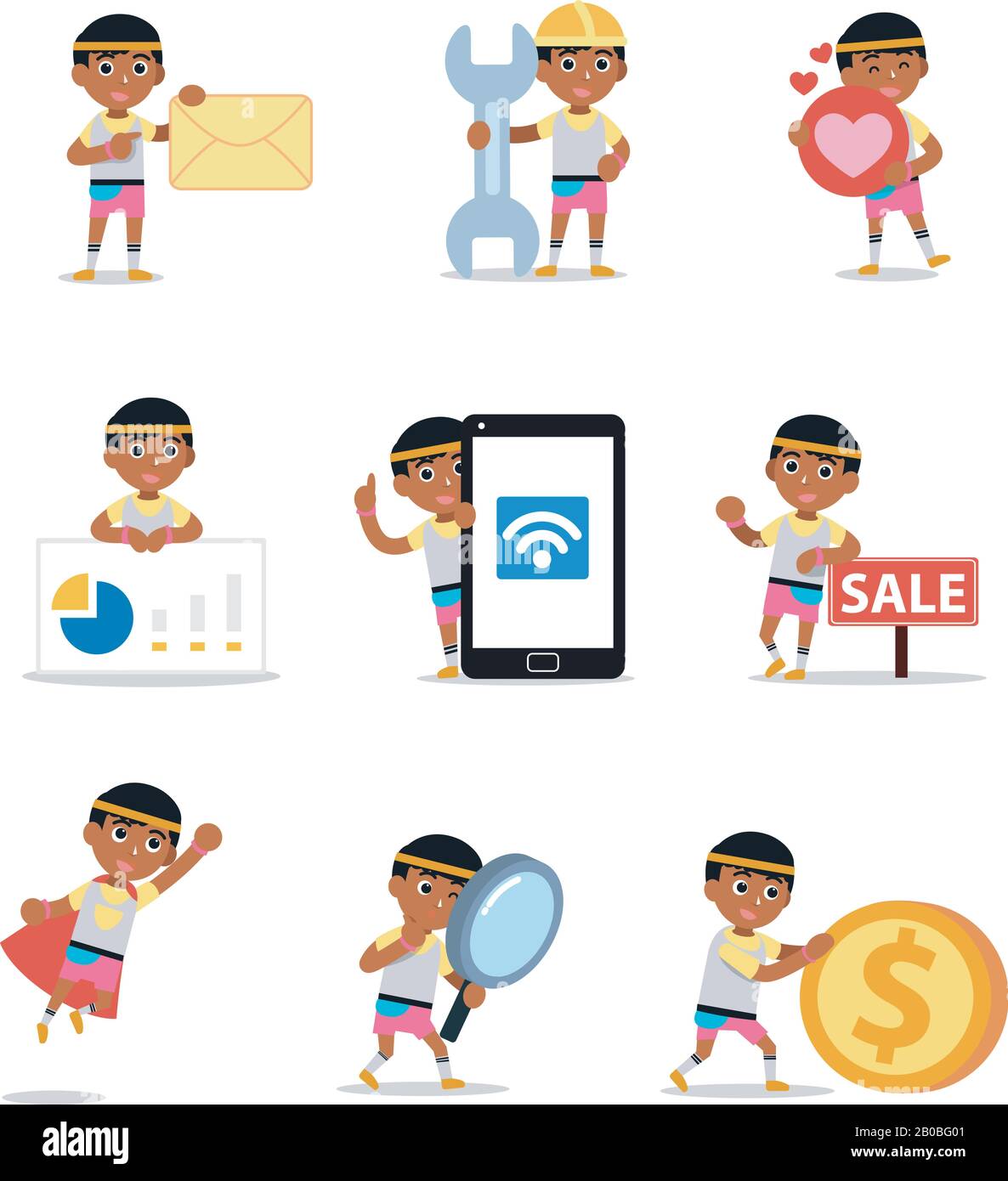 Set Character of man arbeitet in den 80er Jahren mit Kopfband Accessoires. Stock Vektor