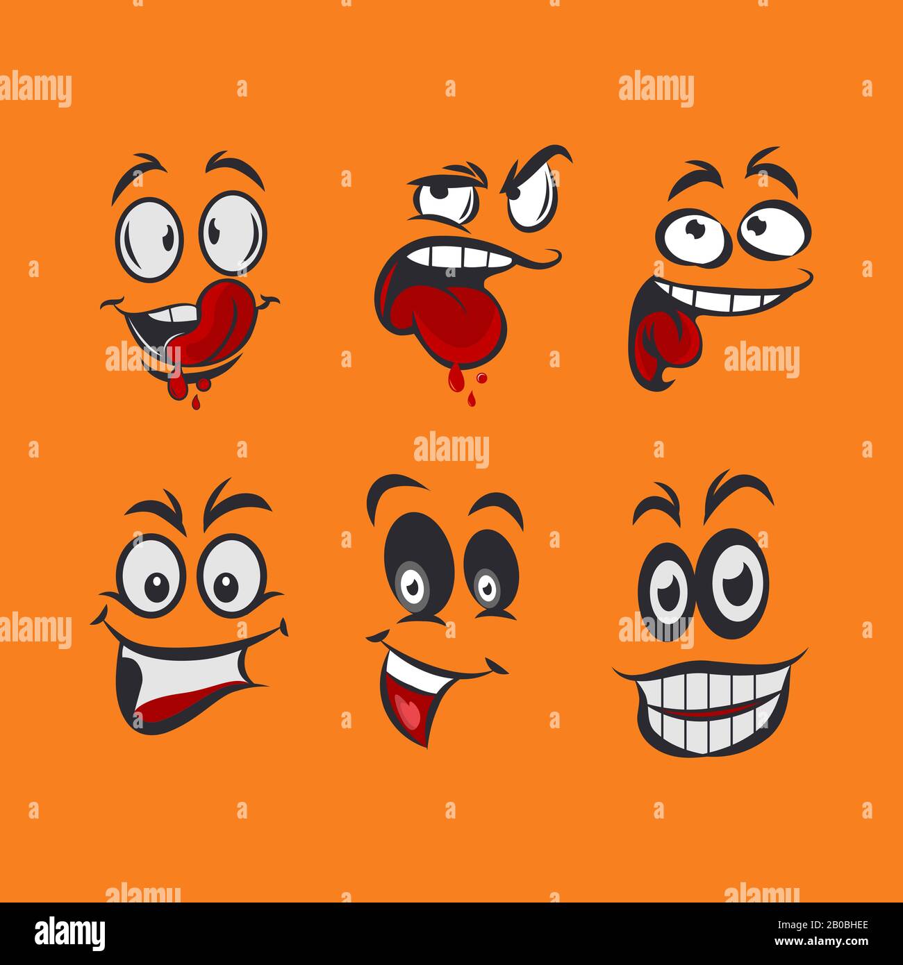 Cartoon-Gesichter mit verschiedenen Ausdrücken, meist fröhlich und lächelnd, mit den Augen und dem Mund Stock Vektor