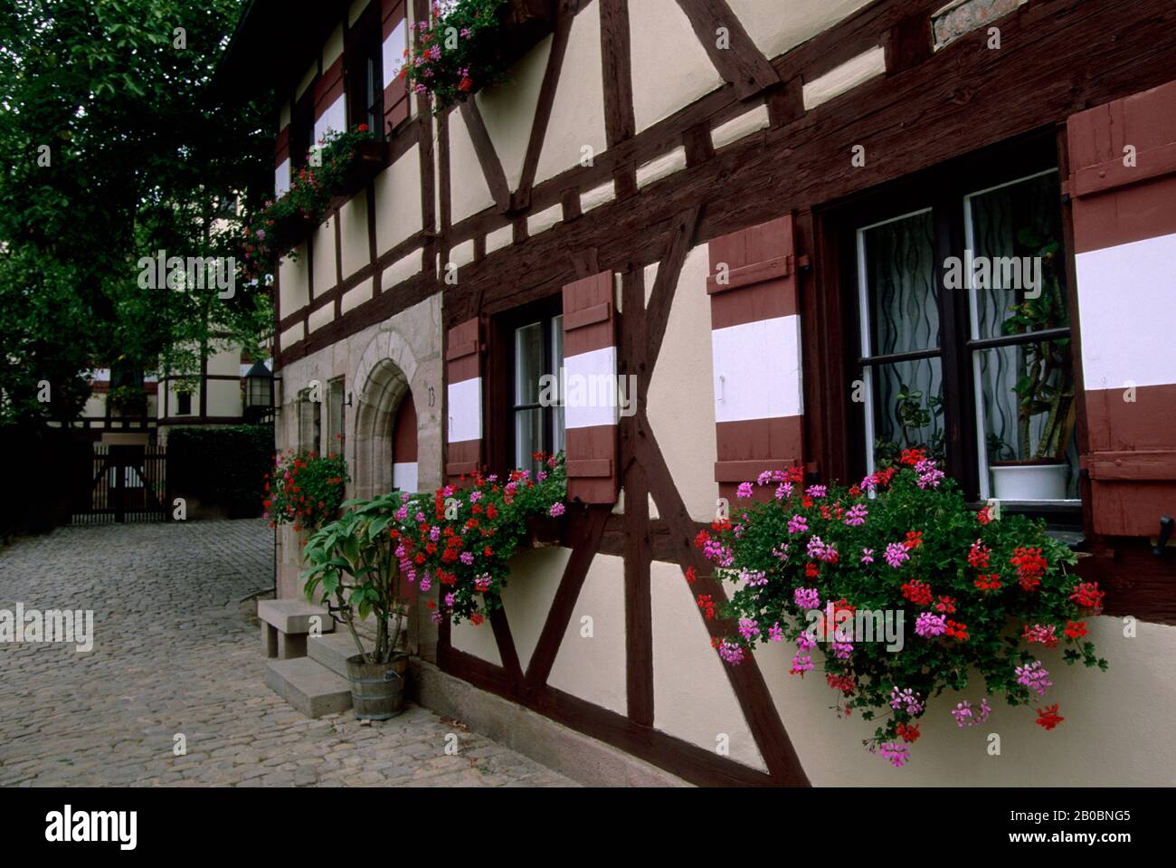 DEUTSCHLAND, NÜRNBERG, SCHLOSS KAISERBURG, FENSTER MIT GERANIEN Stockfoto