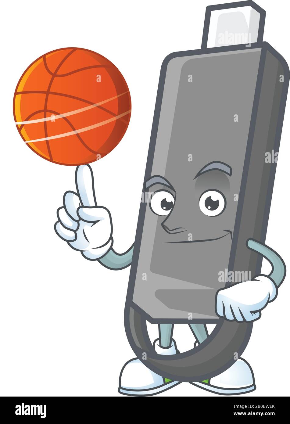 Eine starke Zeichentrickfigur mit einer Flashdisk und einem Basketball Stock Vektor